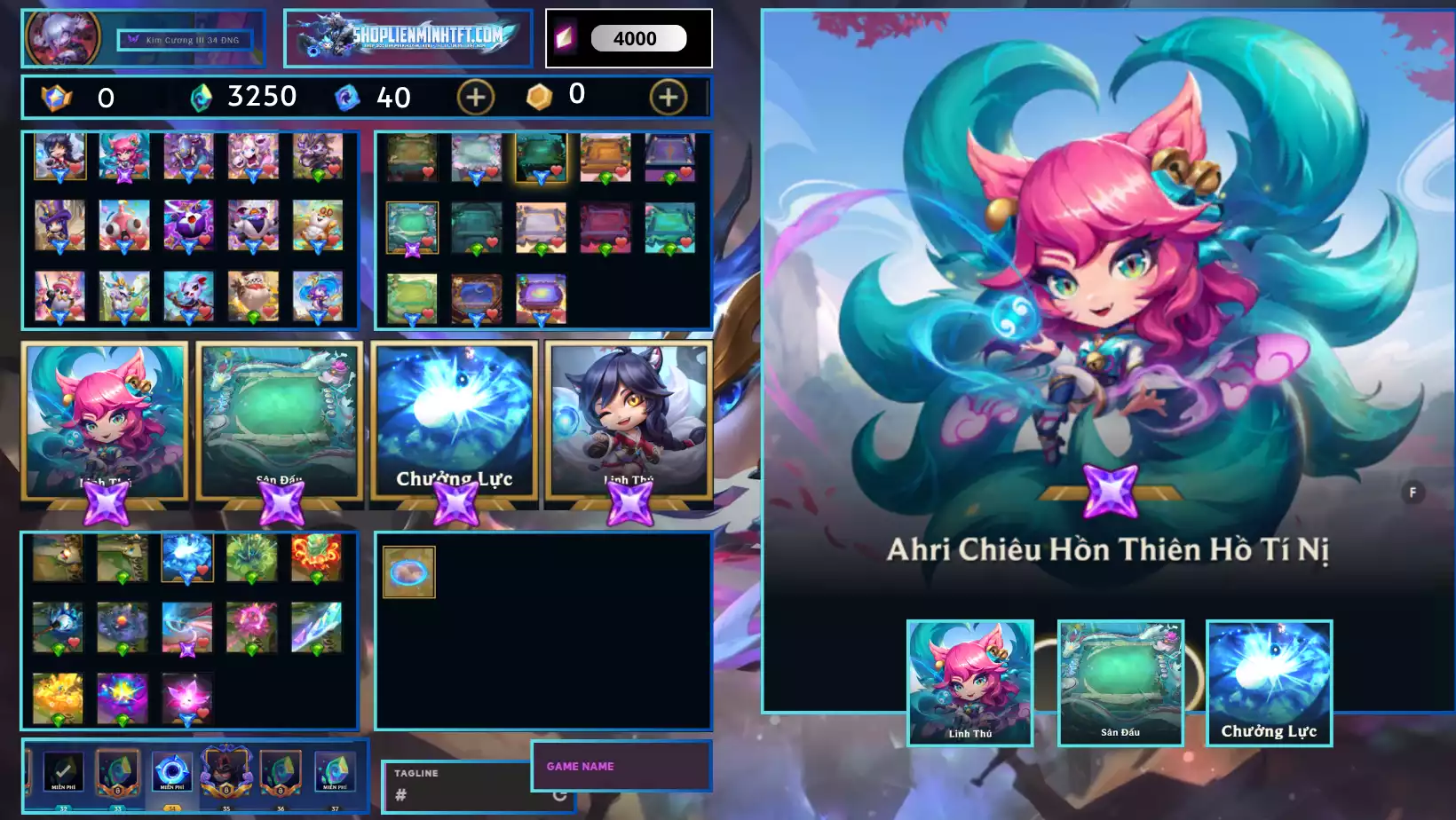 Ahri Chiêu Hồn Thiên Hồ Tí Nị Kèm Chưởng - Dư 0 Huy Chương - 0 Vàng - 3 Tím - 1 Sàn Tím - Dư 3250Pha Lê - 1 Tí Nị Thường - 5 Sàn Blue - Chưởng Lực Như Ảnh - Rank TFT Sắt 1 - Còn Đổi Tên